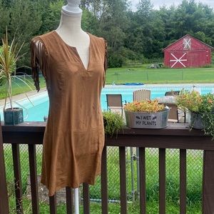 S Express Brown Faux Suede Mini Fringe Dress